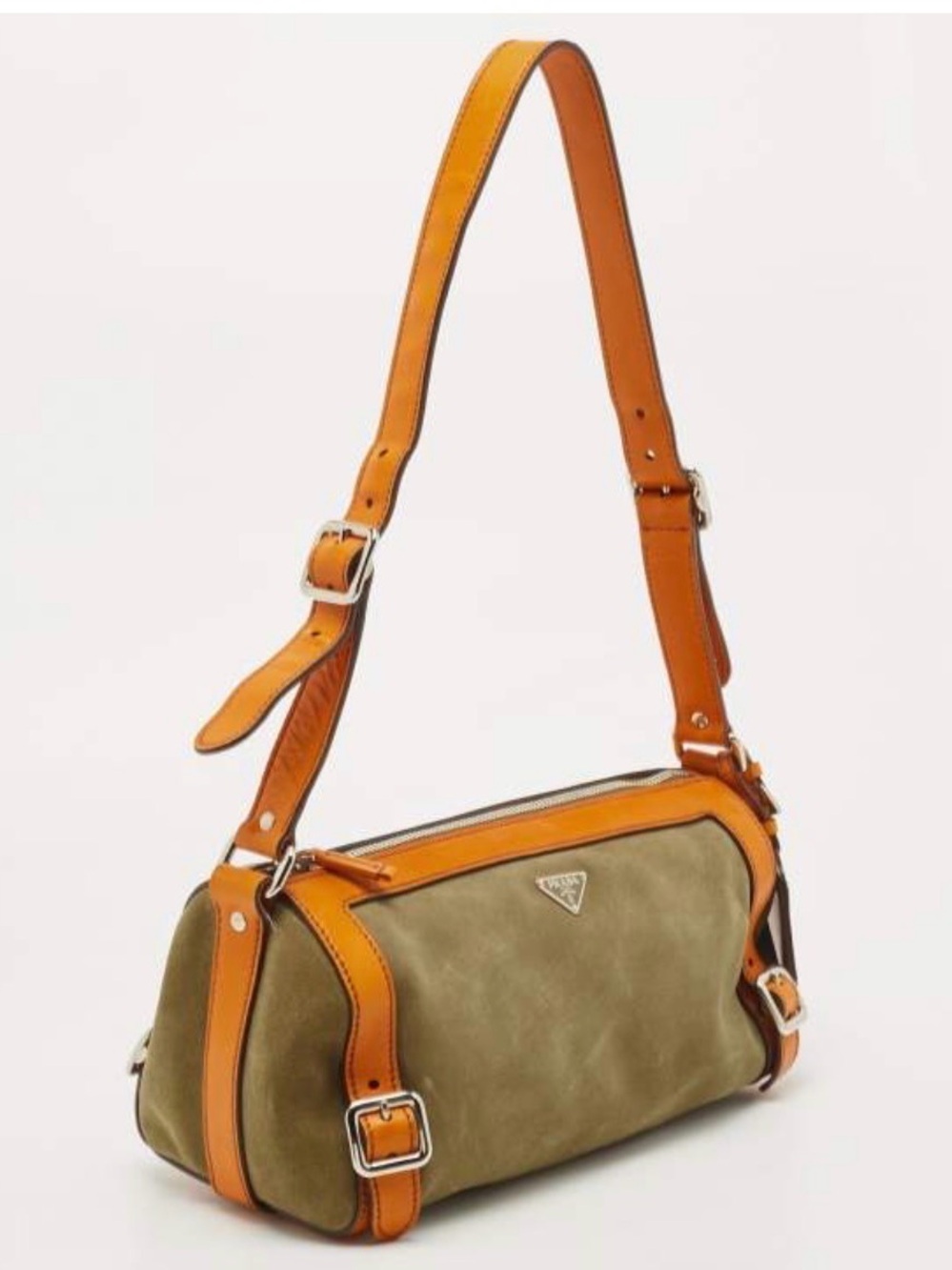 Authenticated Prada Bauletto Bag in Brownish Suede w/Orange Leather Trim EUC